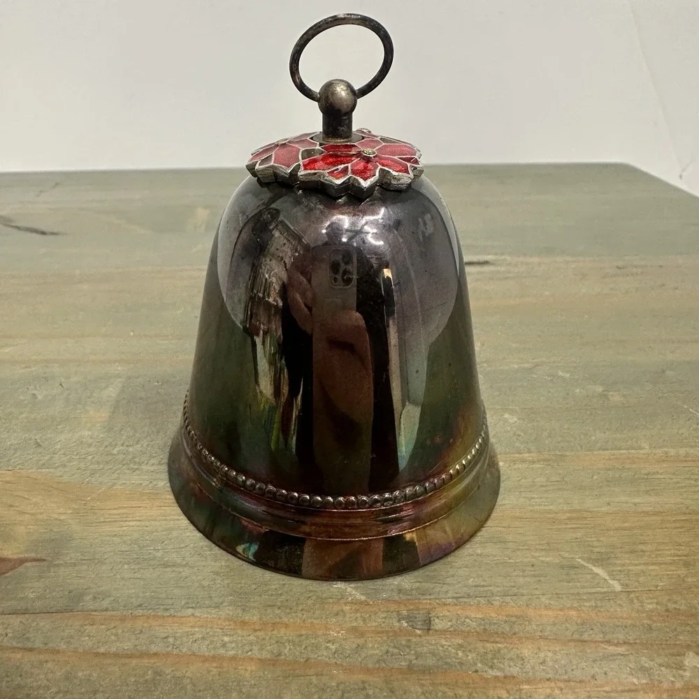 Vintage Wallace Silver‎ Plated Christmas Bell Ornament Enamel Poinsettias 1973